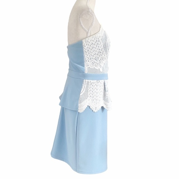 LIPSY LONDON BABY BLUE WHITE EMBROIDERED PEPLUM MINI COCKTAIL DRESS - 10 - Picture 2 of 9